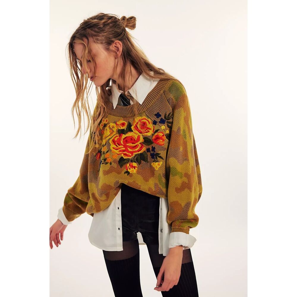 New Free People Camo Rose Pullover size XS - Picture 4 of 9